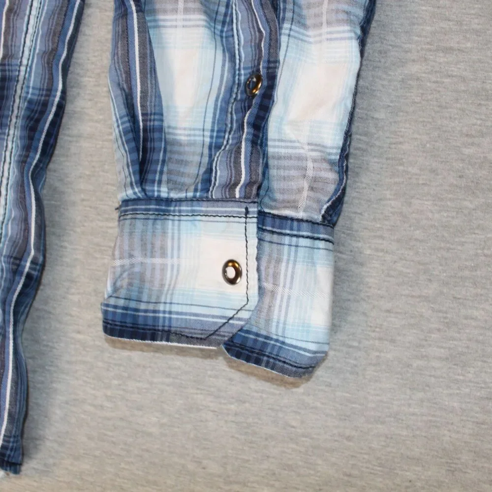 Skully Shirt Mens‎ Medium Blue Plaid Long Sleeve Snap Up Lightweight Western